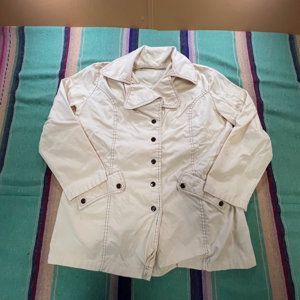 Vintage 1970s Utility Jacket Women Cream Cotton Canvas Contrast Stitch Button Up